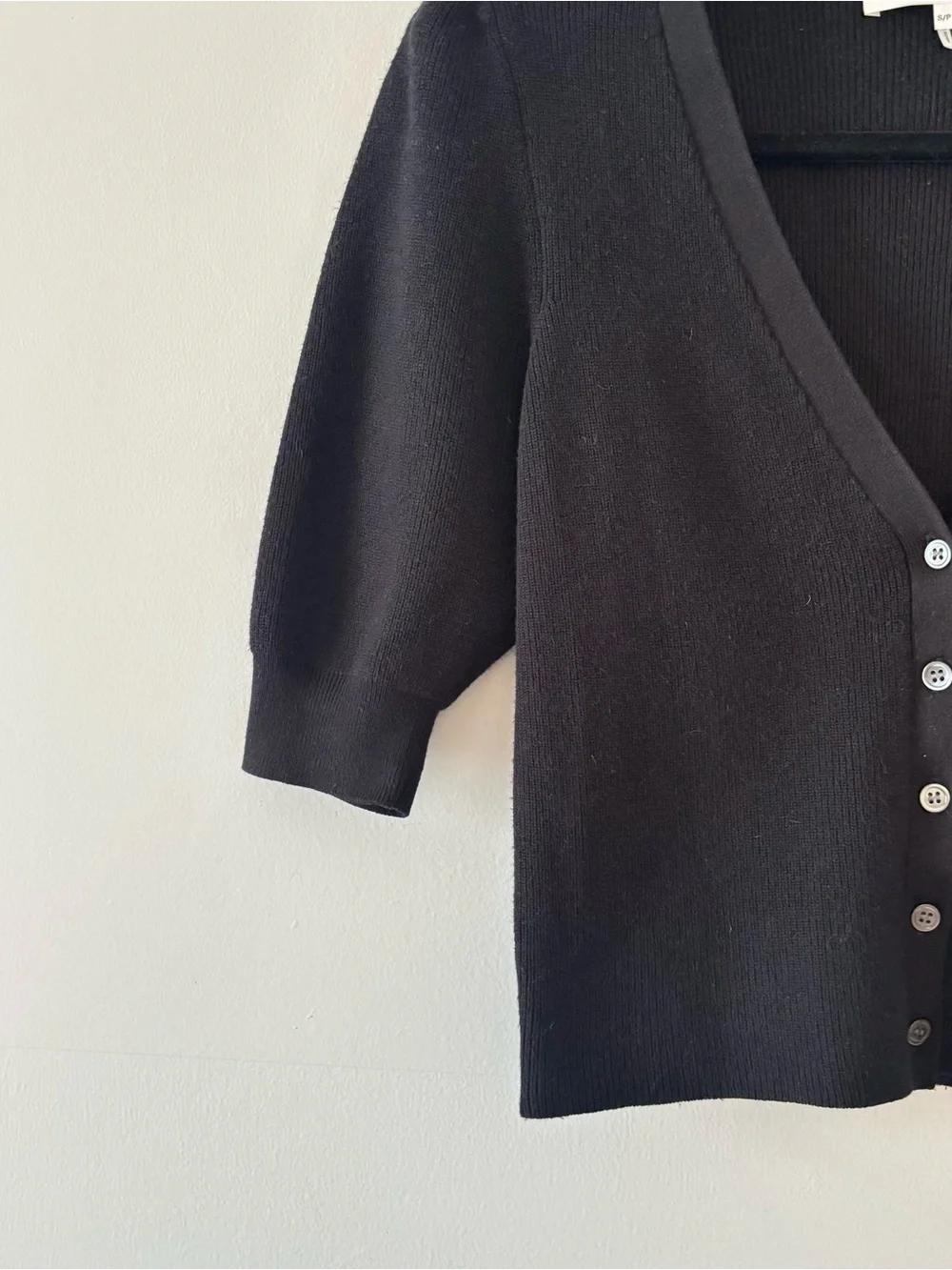 Frame Silk Blend Puff Sleeve Cardigan Sweater Short Sleeve Thick Knit Black